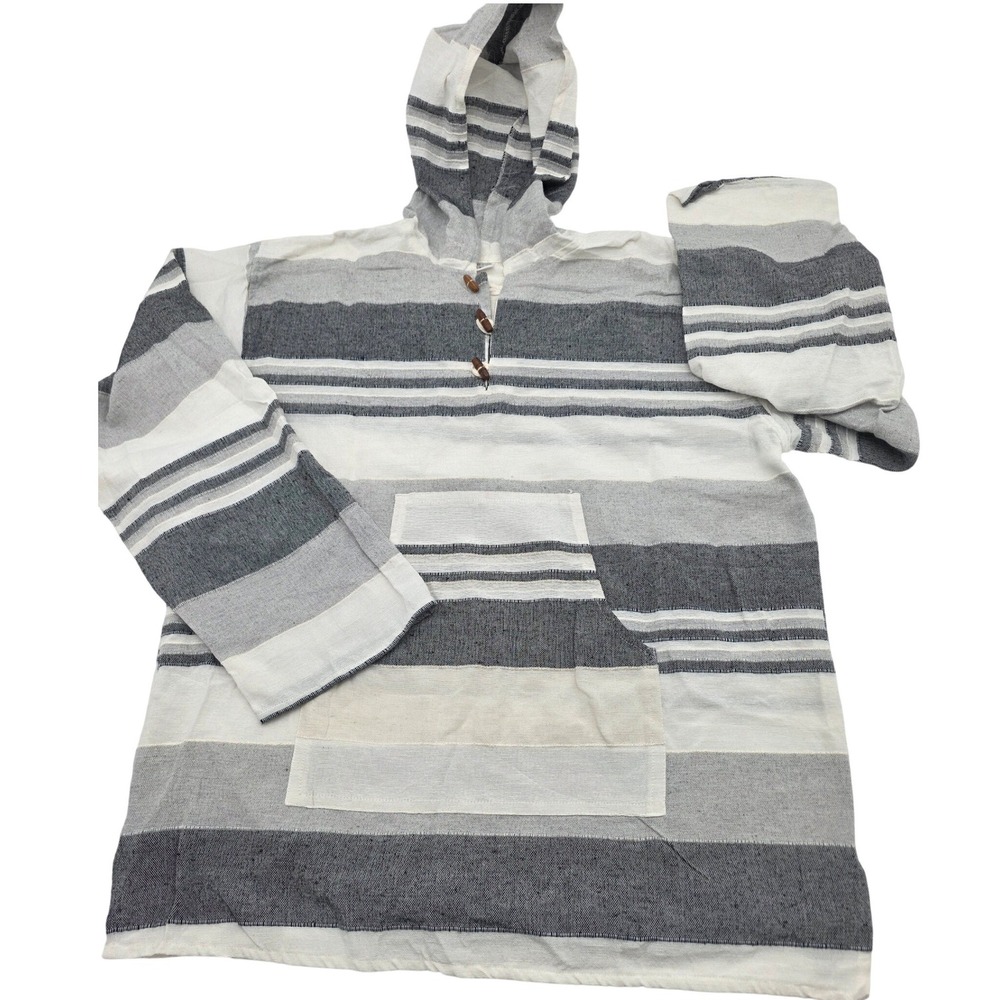 Unbranded Baja Hoodie Mens XL Grey White Striped Cotton‎ Pullover